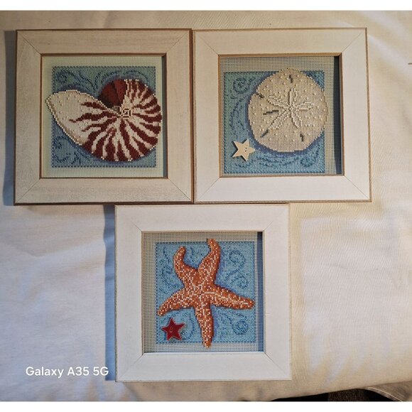 Mill Hill Set Of 3 Framed Coastal-Themed beading Needlepoint Art With Seashell S - Picture 3 of 10